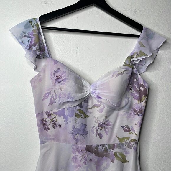 Marchesa Lilac Floral Chiffon Gown with Ruffle Cami Straps and Waist Tie Sz 0 - Picture 8 of 14